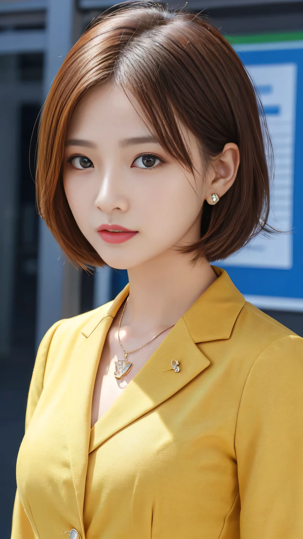 High resolution, Very detailed, Intricate details, 、ear piercing、Expressionless、short hair、Light brown hair、Please open your mouth a little、、Clear beauty,(High quality fabric, Office Lady Suits 、Necklace around the neck、, The background is the office