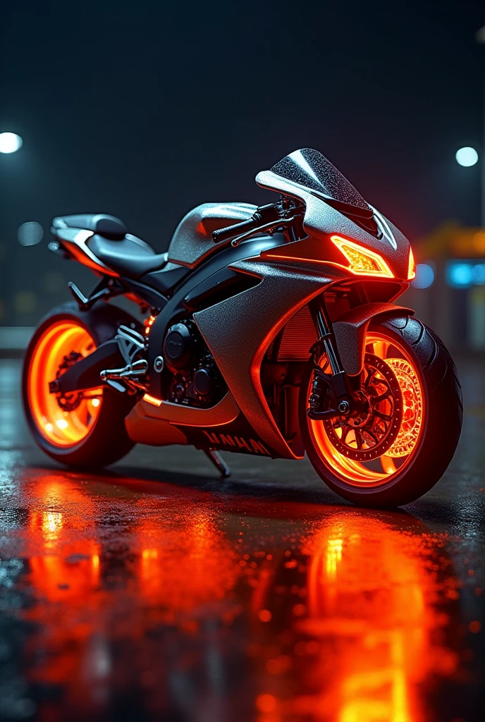 Yamaha bike modified in night orange neon lights