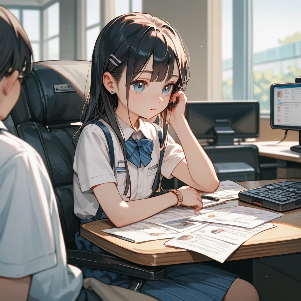 1 president girl, anime style, interview, young, 