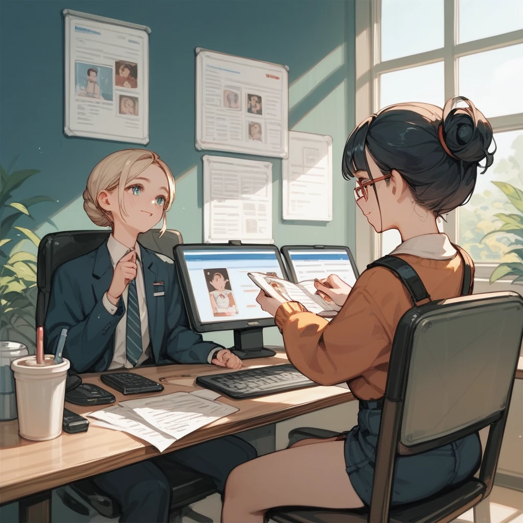 1 president girl, anime style, interview, young,