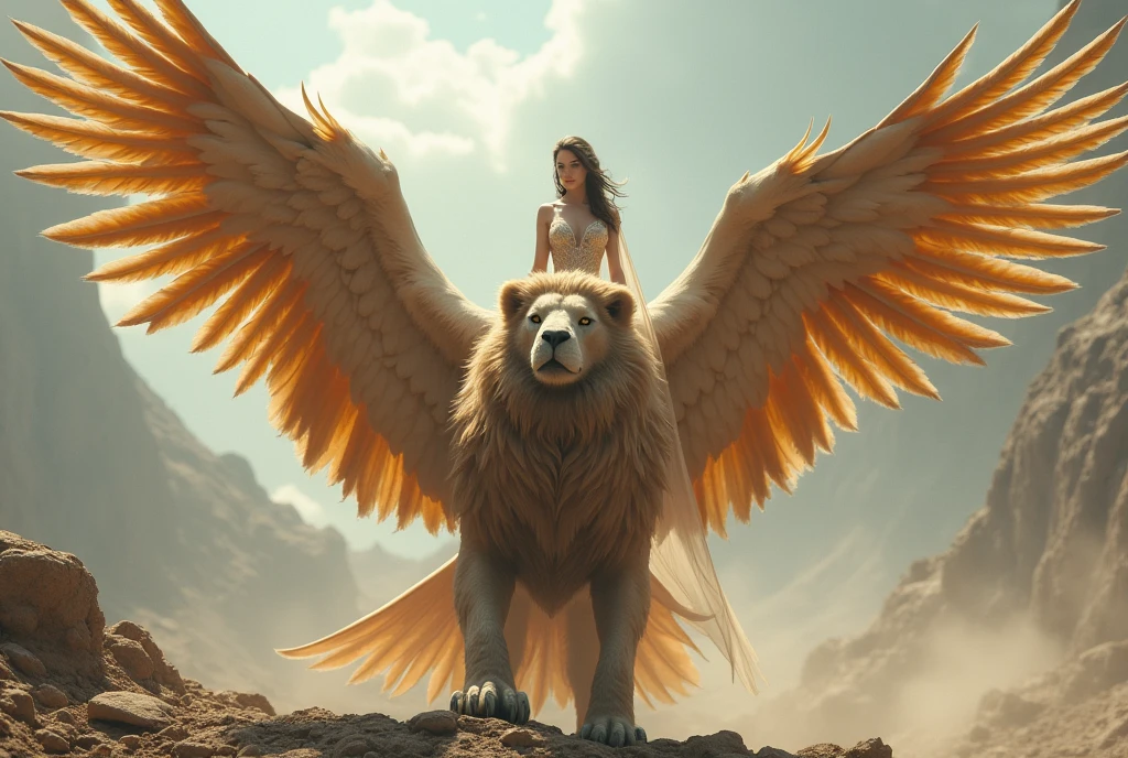 A griffin with its wings spread, the wings and upper body of an eagle, the body of a lion, a sharp beak, a beautiful and powerful figure, and a princess on its back, ((masterpiece, Highest quality, Best image quality, High resolution, Realistic, RAW Photos, 8k)), ((Highly detailed CG synthesis 8k wallpaper)), (Huge and stunning goddess shot, Very hot and sexy, Incredible beauty, Perfect Proportions, Beautiful body, Slim body beauty:1.4), side view,