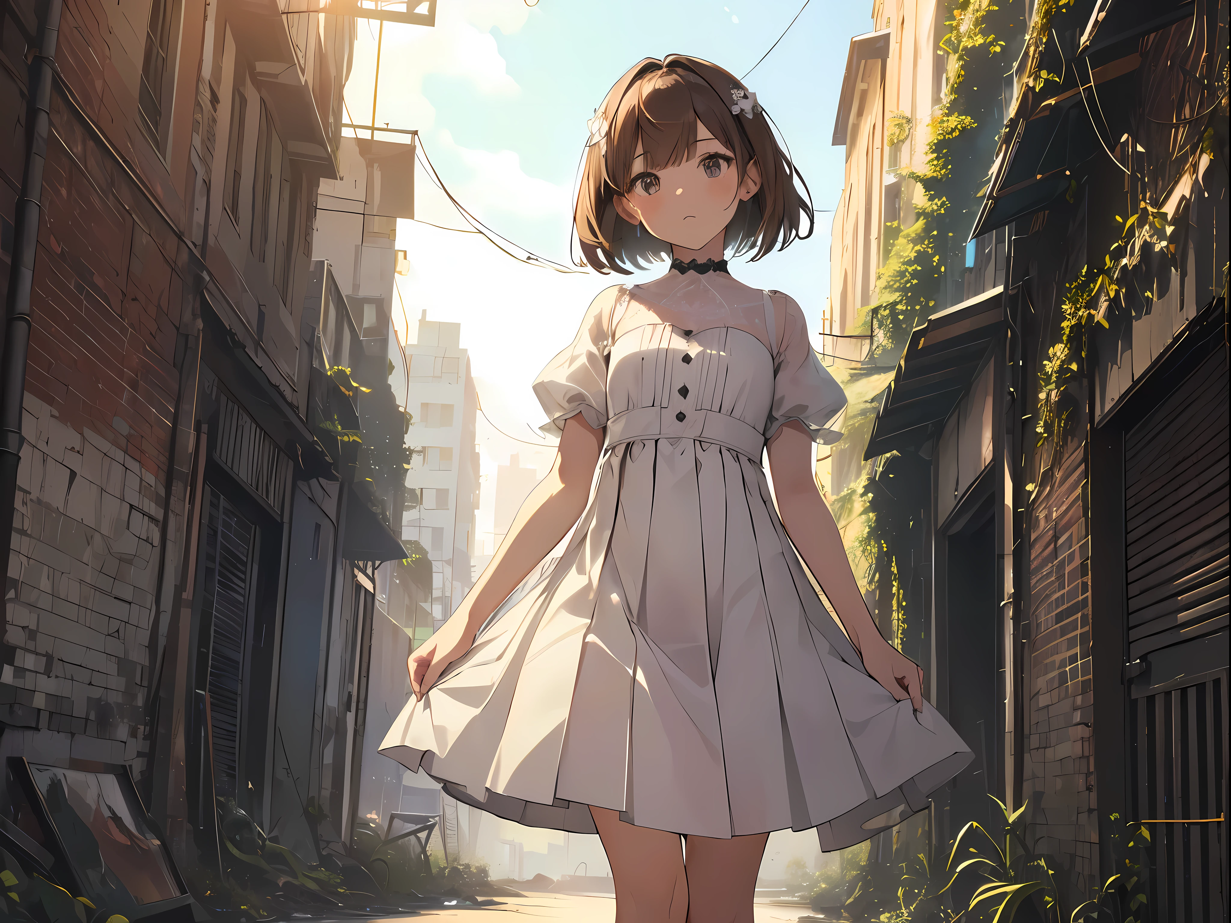 (masterpiece:1.2), best quality, highres, original, (extremely detailed:1.2), ultra-detailed, wallpaper, perfect lighting,(extremely detailed CG:1.2), 8k, anime illustration, 1boy, solo, crossdressing, (brown hair, Bob hairstyle,haircut:1.1), (white knee-length dress, summer dress, pleated dress, short sleeves, lace hemline, black line bottom the dress, delicate dress, flat chest:1.2), walking in urban ruins, (urban ruins filled with natural vibes:1.2), (anatomically correct:1.5), full body, (cityscape background:0.8), overgrown plants, crumbling buildings, sunlight filtering through trees, peaceful expression, sunny