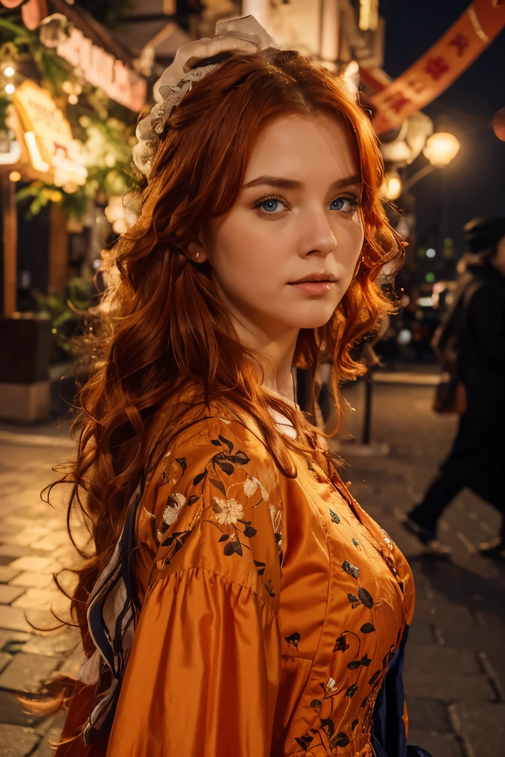 Orange to red hair girl , walking in the street , with large Victorian 90 dress, all body , 4k , face chubby, blue eyes, the same face , Night , Dubai streets