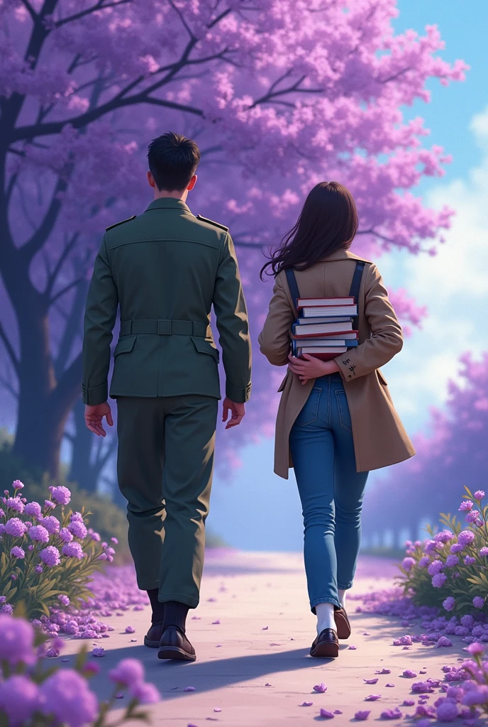 Make a cover page for a story book with the name "  the one i unfortunately met" and add a photo of a girl who is holding books in her hands moving in the right direction  and a young military man walking in left direction like crossing each other and in background make a purple colour flower like it is bloomed