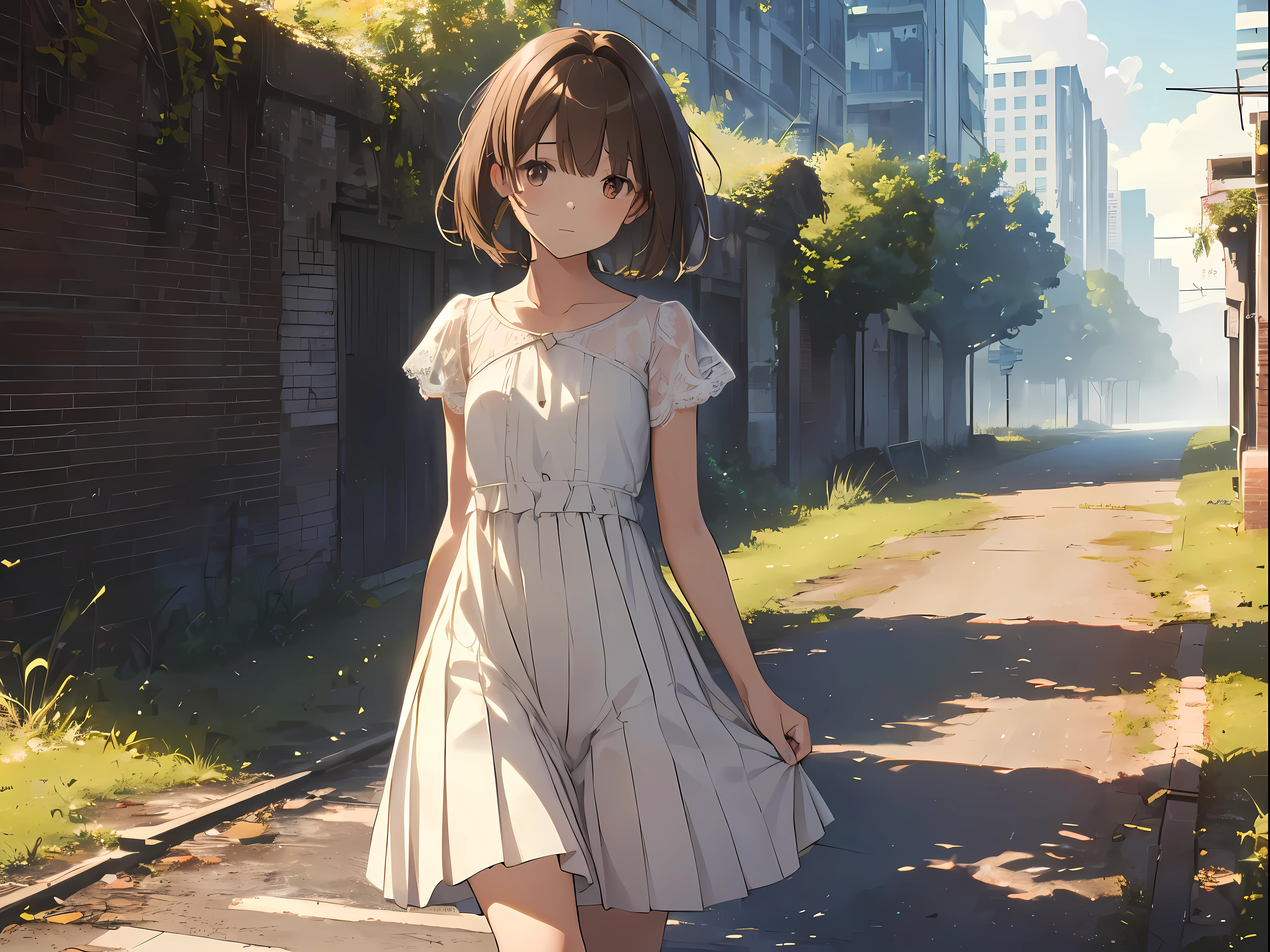 (masterpiece:1.2), best quality, highres, original, (extremely detailed:1.2), ultra-detailed, wallpaper, perfect lighting,(extremely detailed CG:1.2), 8k, anime illustration, 1boy, solo, crossdressing, (brown hair, Bob hairstyle,haircut:1.1), (white knee-length dress, summer dress, pleated dress, short sleeves, lace hemline, black line bottom the dress, delicate dress, flat chest:1.2), walking in urban ruins, (urban ruins filled with natural vibes:1.2), (anatomically correct:1.5), full body, (cityscape background:0.8), overgrown plants, crumbling buildings, sunlight filtering through trees, peaceful expression, sunny