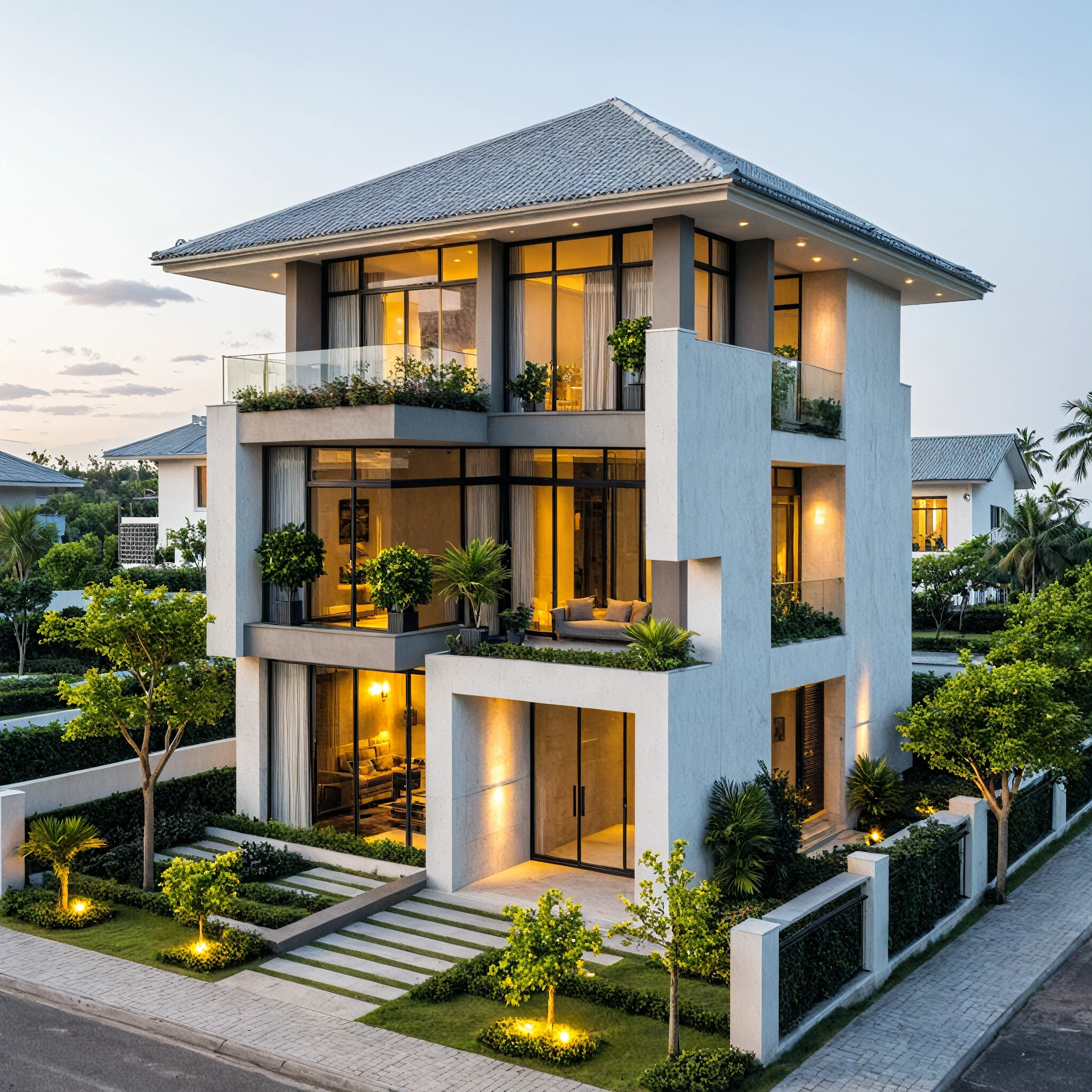 Boss of'ouvrages d'art, high quality, best quality, authentique, Great detail, En plein air, plain-piedVilla XL, groupe, style de maison moderne dans la rue ,stairs, white wall ,road,pavement, grass, trees, sky, clouds, (day light:1.1)