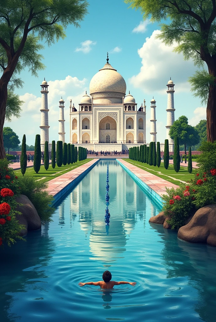 A collage of Ganga River, Yamuna River, and Taj Mahal