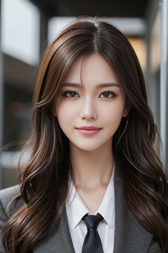 table top, highest quality, realistic, Super detailed, finely, High resolution, 8k wallpaper, 1 beautiful woman,, light brown messy hair, wearing a business suit, sharp focus, perfect dynamic composition, beautiful and detailed eyes, thin hair, Detailed realistic skin texture, smile, close-up portrait, model body shape