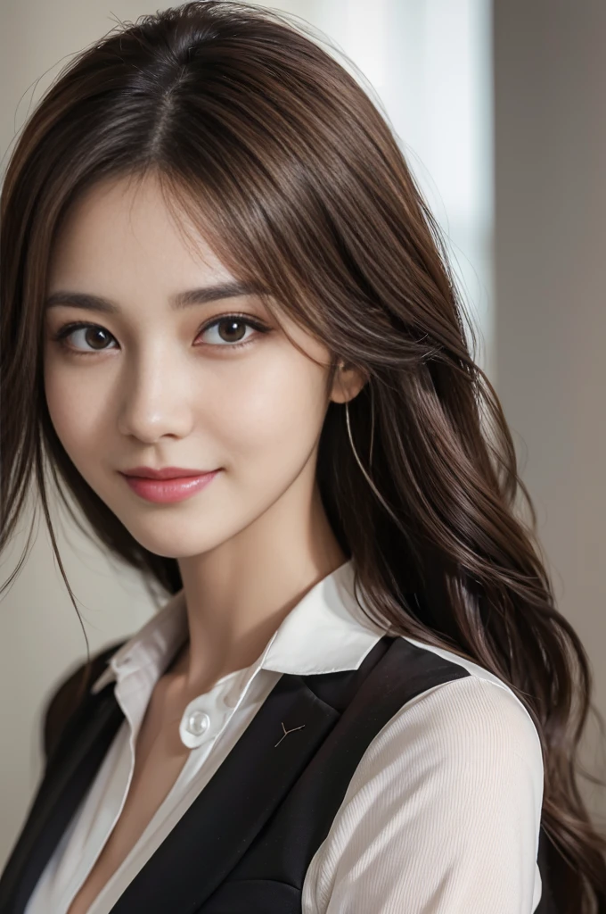 table top, highest quality, realistic, Super detailed, finely, High resolution, 8k wallpaper, 1 beautiful woman,, light brown messy hair, wearing a business suit, sharp focus, perfect dynamic composition, beautiful and detailed eyes, thin hair, Detailed realistic skin texture, smile, close-up portrait, model body shape