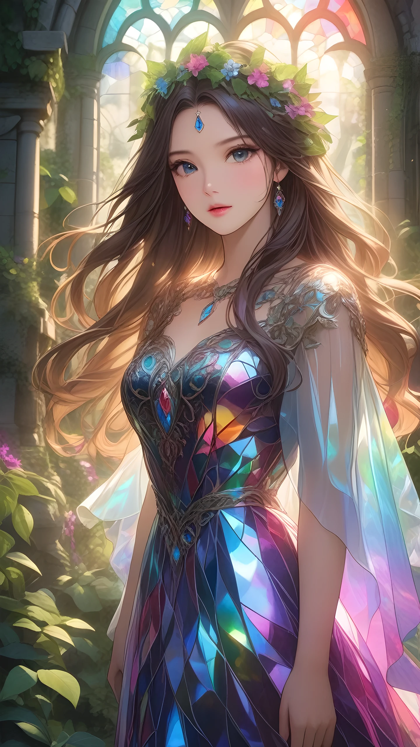 1girl solo, detailed beautiful face, detailed eyes, detailed lips, long flowing hair, serene expression, ornate fantasy dress, standing in a lush garden, ancient stone ruins, sunlight filtering through stained glass, dramatic lighting, ethereal atmosphere, intricate floral patterns, overgrown vines,cinematic composition,breathtaking landscape,dramatic colors,vibrant jewel-toned palette, transparent color PVC clothing, transparent color vinyl clothing, prismatic, holographic, chromati caberration