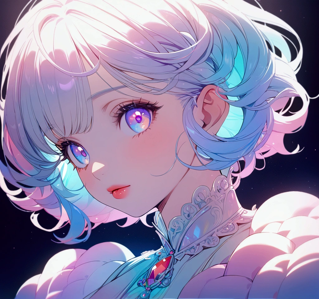 a cute kawaii 90s anime girl, pastel plush texture, iridescent, beautiful detailed eyes, beautiful detailed lips, extremely detailed face and features, long eyelashes, intricate details, delicate, soft lighting, dreamy, magical, ethereal, vibrant colors, (best quality, 4k, 8k, highres, masterpiece:1.2), ultra-detailed, studio lighting, vivid colors, warm color palette