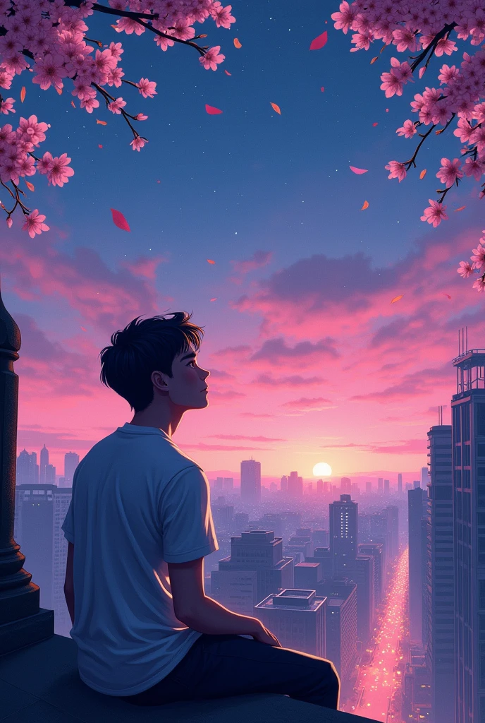 Lofi image of a guy sitting down staring at starry sky with pink purple and blue sky and a street with cityscape in background down below and cherry blossoms with petals falling