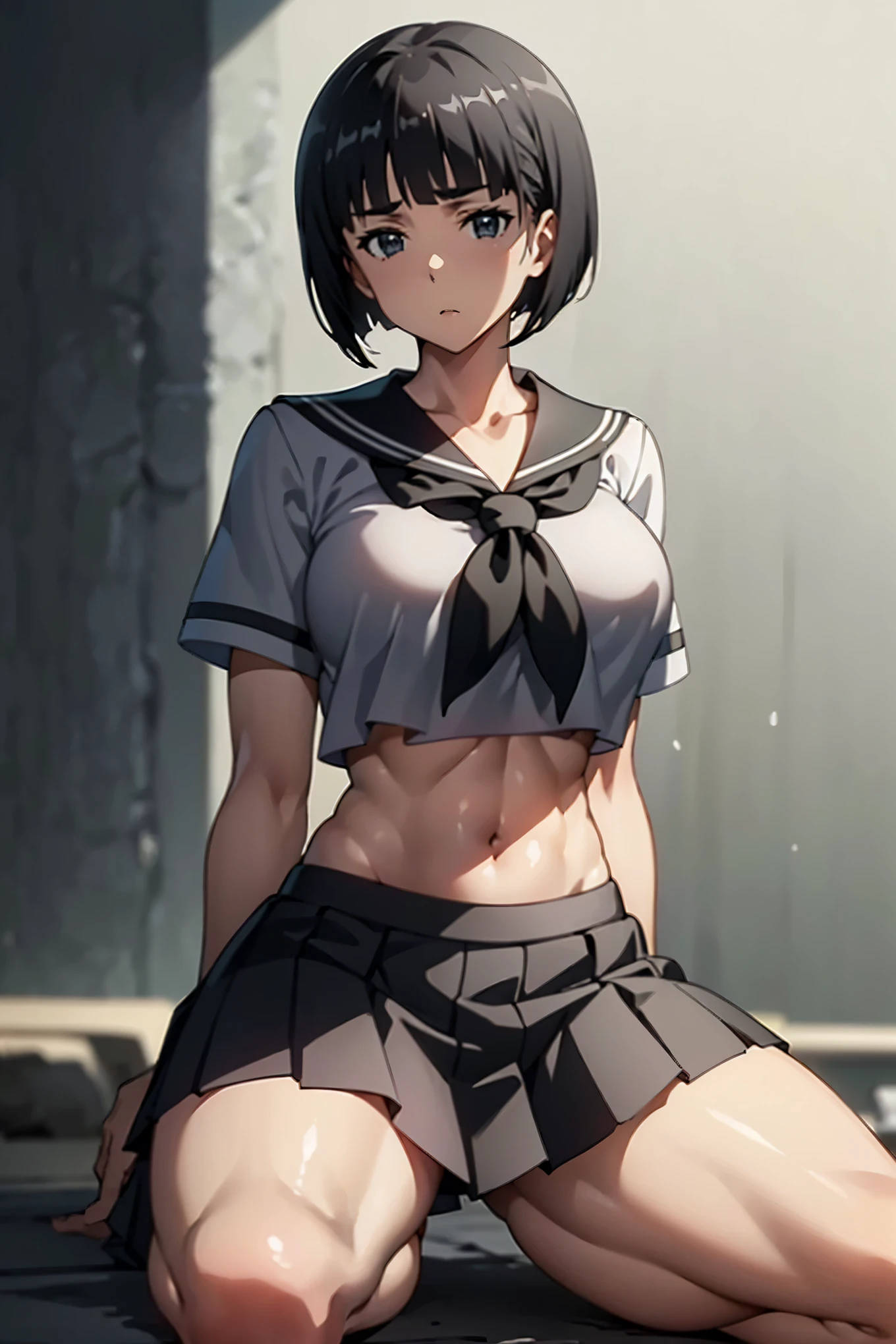 4K,master piece,anime,1 female,Suguha Kirigaya,((black short hair,short sleeved white sailor suit,croptop,sagging lowrise micro pleated skirt)),lean body,big breasts