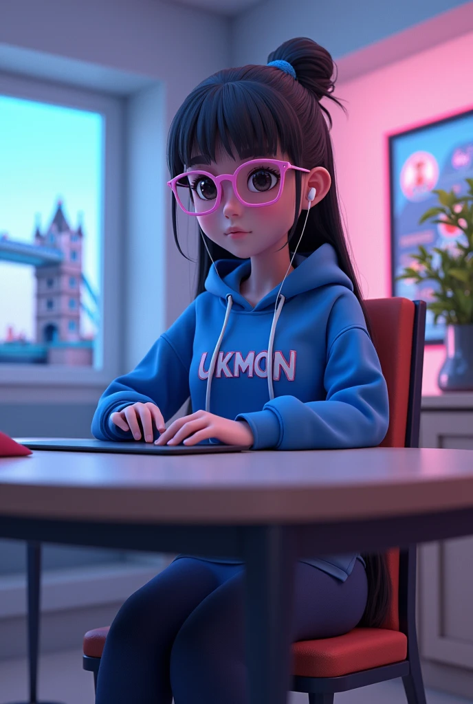 create a 3d Anime character and she was sitting straight on the chair with table her room was UK theme studio with london bridge and famous UKMON frame on wall frame and she have a earbuds wear a blue hoodie  with long skirt UKMON written on it with pink eye glass ang long tied bun hair and her position was straight and background light was blue and pink and aspect ratio is 16:9 for Youtube