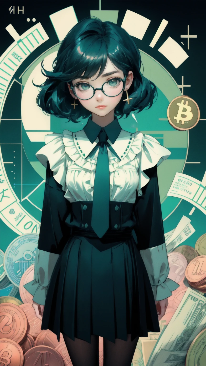 Create a comic-style illustration of a young woman with a perplexed expression, standing in front of a complex background filled with charts, graphs, and mathematical symbols. She wears large, round glasses that magnify her wide, surprised eyes. Her attire includes a smart blouse with rolled-up sleeves and a loosely tied necktie, giving her an eccentric but knowledgeable appearance. One hand is raised with a pointing gesture, as if offering a quirky explanation or disclaimer.
The background is filled with financial and stock market-related elements: fluctuating graphs, pie charts, arrows, and geometric shapes. The backdrop is a deep green color, adding a dramatic and intellectual feel to the scene. Scattered around the composition are stacks of digital coins, adding a humorous nod to cryptocurrency. The entire image should have a playful yet insightful vibe, reminiscent of a ‘not financial advice’ theme without including any text in the image