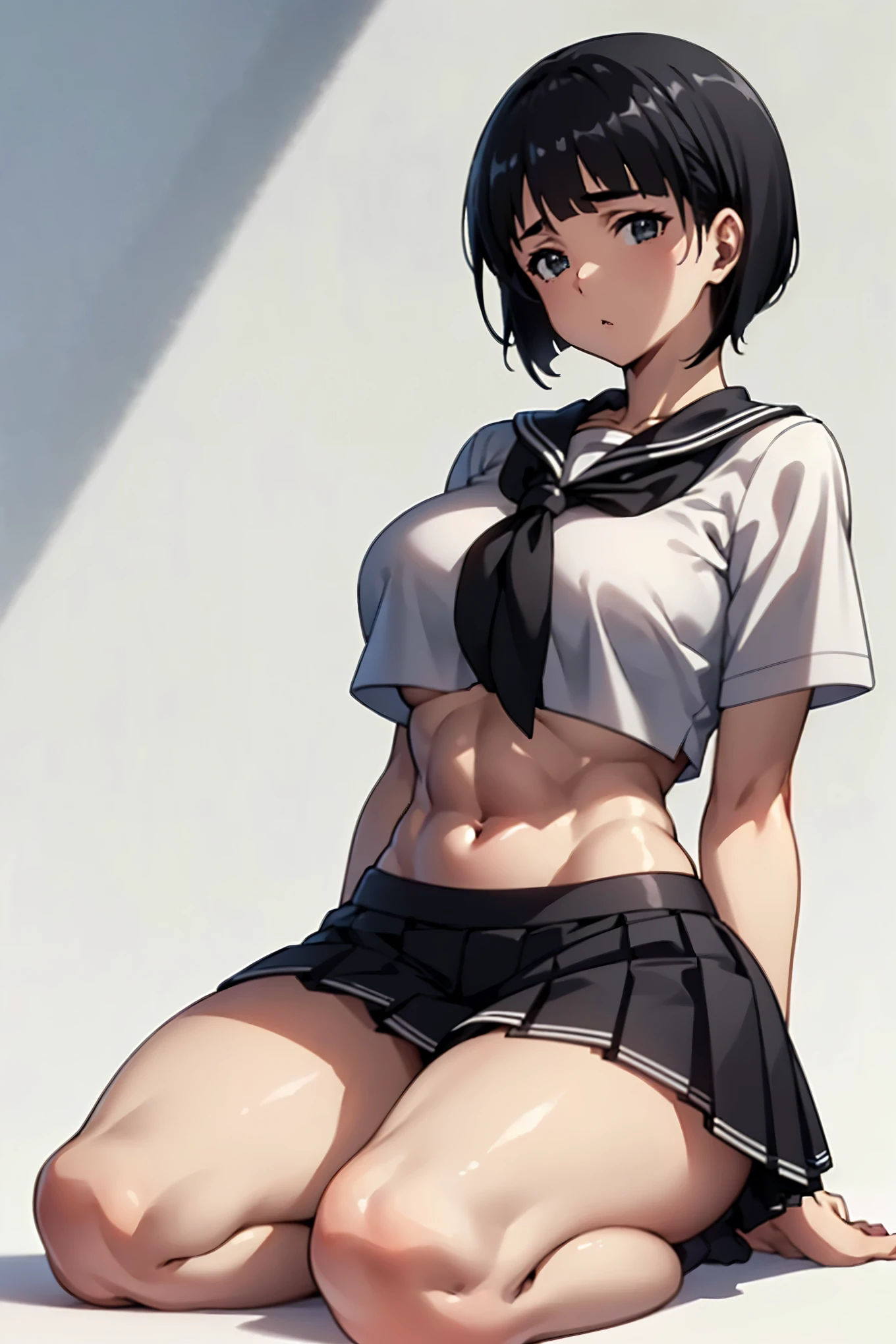 4K,master piece,anime,1 female,Suguha Kirigaya,((black short hair,short sleeved white sailor suit,croptop,sagging lowrise micro pleated skirt)),lean body,big breasts