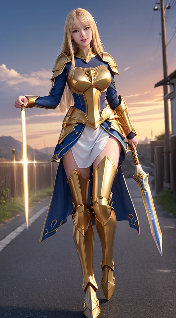 ((highest quality, 8k, masterpiece: 1.3)),Real 8K、7-Head Body Slender Beauty、Smiling, a majestic Paladin in golden armor, （Wield a sword filled with light, And a huge gold shield）. Paladin;Her blue eyes sparkle with determination as she walks down a dark, mysterious street... The glow of the Paladin&#39;The sword lit up the surroundings.., Uncover intricate details，Add a cinematic touch to your work. The overall aesthetics are、It captures the beauty and depth of the scene., Reminiscent of Fujifilm photography.　7-Head Body Slender Beauty、（A gentle smile）