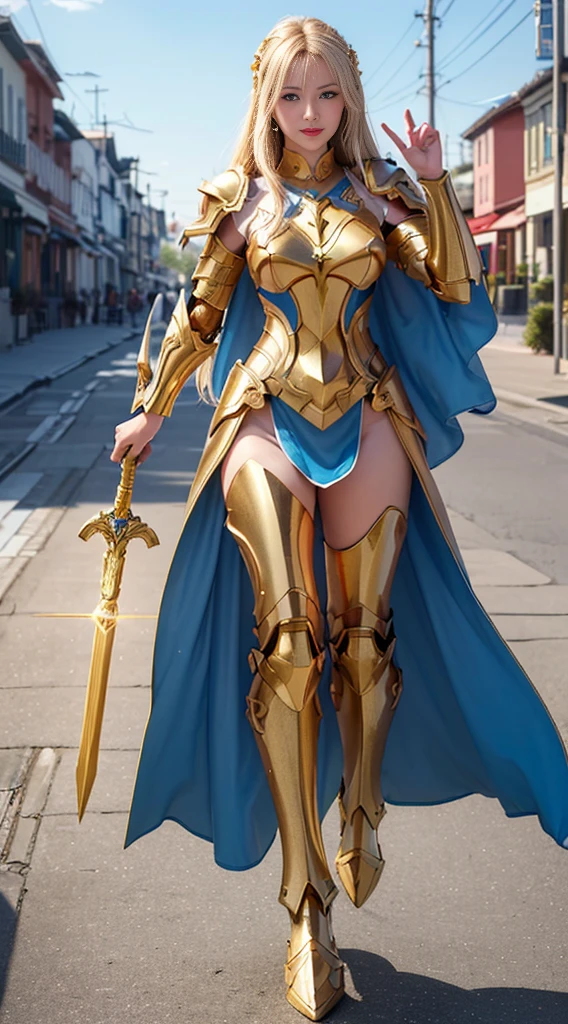 ((highest quality, 8k, masterpiece: 1.3)),Real 8K、7-Head Body Slender Beauty、Smiling, a majestic Paladin in golden armor, （Wield a sword filled with light, And a huge gold shield）. Paladin;Her blue eyes sparkle with determination as she walks down a dark, mysterious street... The glow of the Paladin&#39;The sword lit up the surroundings.., Uncover intricate details，Add a cinematic touch to your work. The overall aesthetics are、It captures the beauty and depth of the scene., Reminiscent of Fujifilm photography.　7-Head Body Slender Beauty、（A gentle smile）