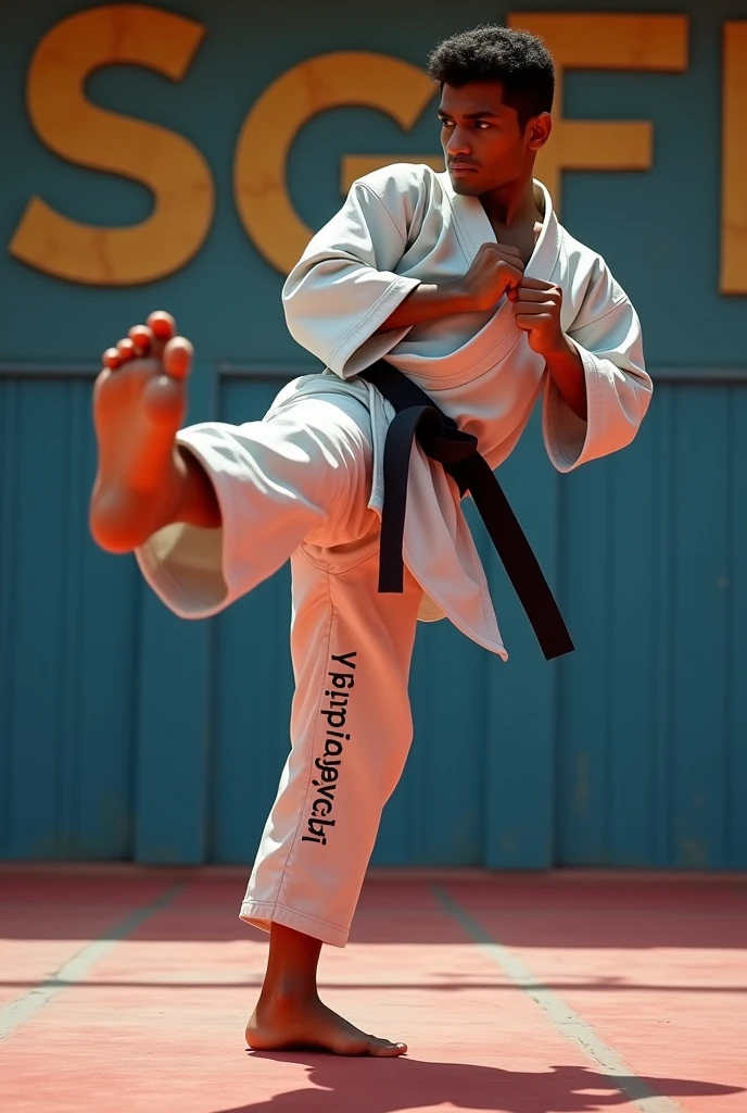 Young man doing kick on kumita mat thats have very muscular muscels wearing karate uniform with vaibhav name typed ON HER uniform ON legs SGFI. typed in baground wall