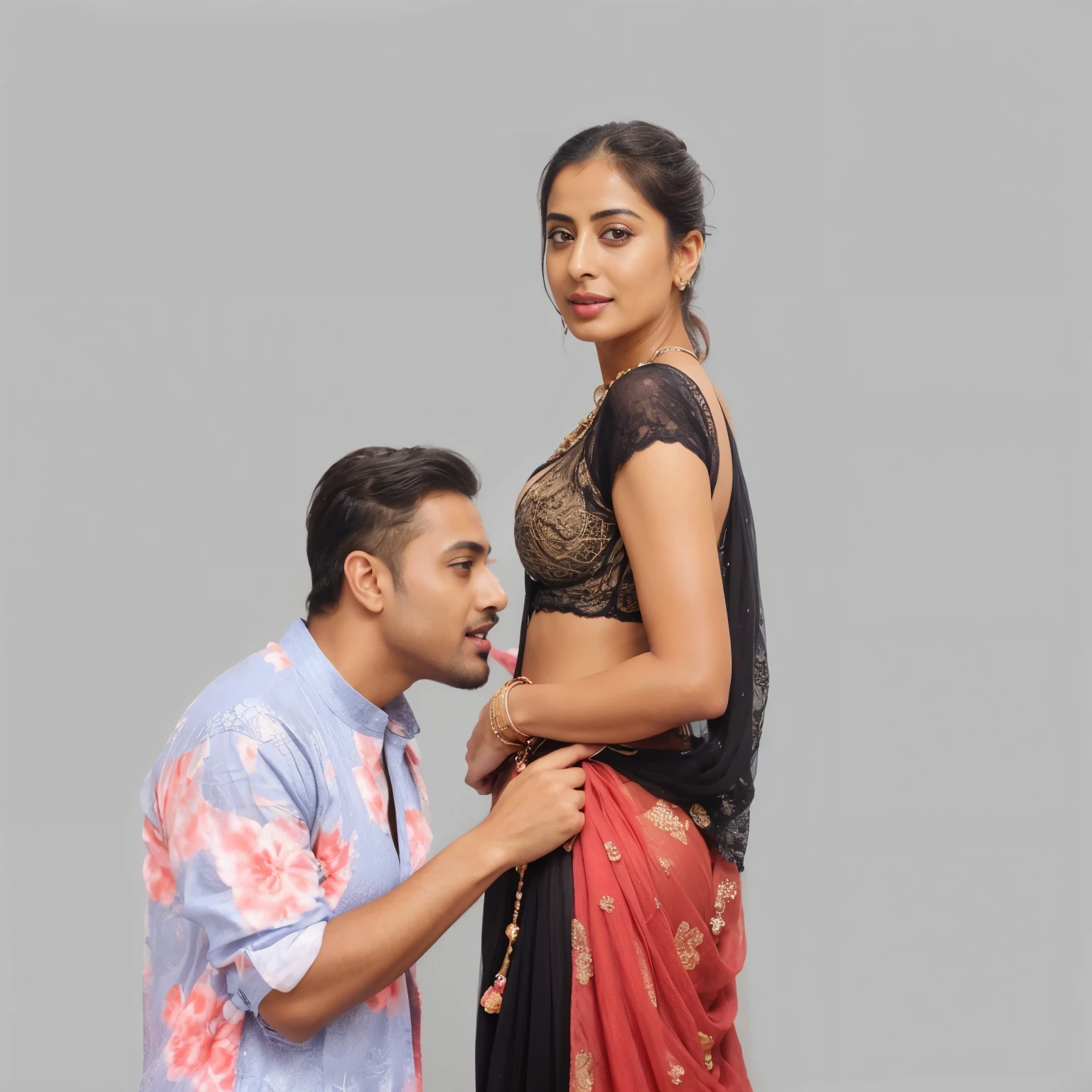 extreme close up photo of sexy mahie gill showing breasts to viewer from top view, swooping breasts, deep cleavage, look at viewer and subtle smile, seductive eyes, sultry, blue lace salwar, ponytail, 38 yo, HD, 4k, ultra high quality, (cinematic:1.3), intricate details, (ArtStation:1.2)