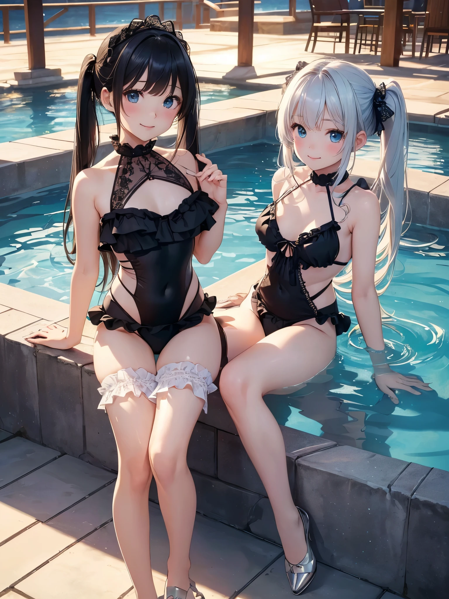 ((masterpiece)), ((highest quality、Ultra high definition)), (Very detailed),(8k、Photo quality)、((Amazingly cute girl)),1 girl)), Two people, , (Beautiful emerald blue eyes), ((smile、Small breasts)),In the open-air bath overlooking the sea, Beautifully arranged black hair in twin tails、Slim Body、((Cute swimsuit with lace and frills))、Professional Lighting、(White lace knee-highore detailed and beautiful)、(More details and cutenesore realistic)、((Just wear light clothing))、Frolic in the pool、((unbelievably cute))、((A cute pose))、((Night view))、(Have a drink to stay hydrated)、((シャワーを浴びている))、