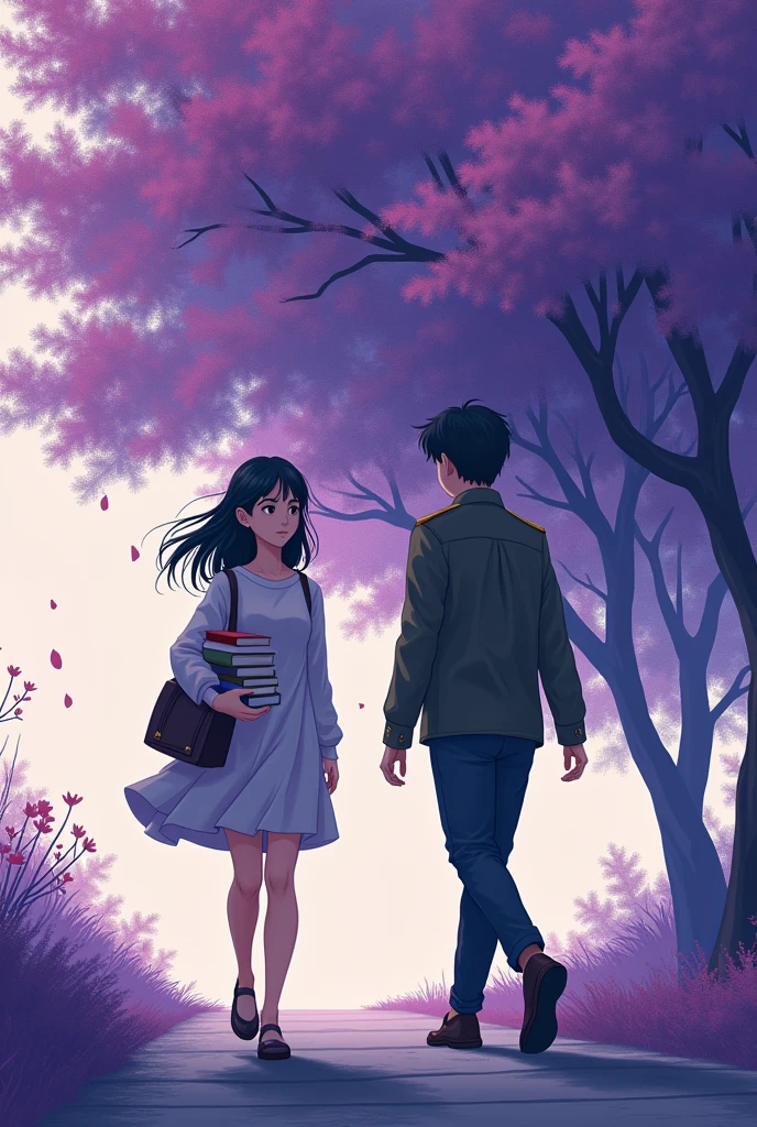 Make a cover page for a story book with the name "  the one i unfortunately met" and add a photo of a girl who is holding books in her hands moving in the right direction  and a young military man walking in left direction like crossing each other and in background make a purple colour flower like it is bloomed