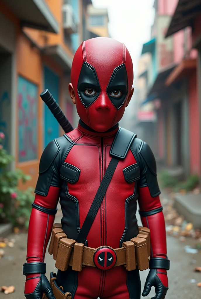 Create a realistic photo, a little Indian ??? on the road, the ??? is wearing the iconic Deadpool costume, the background will be cool.