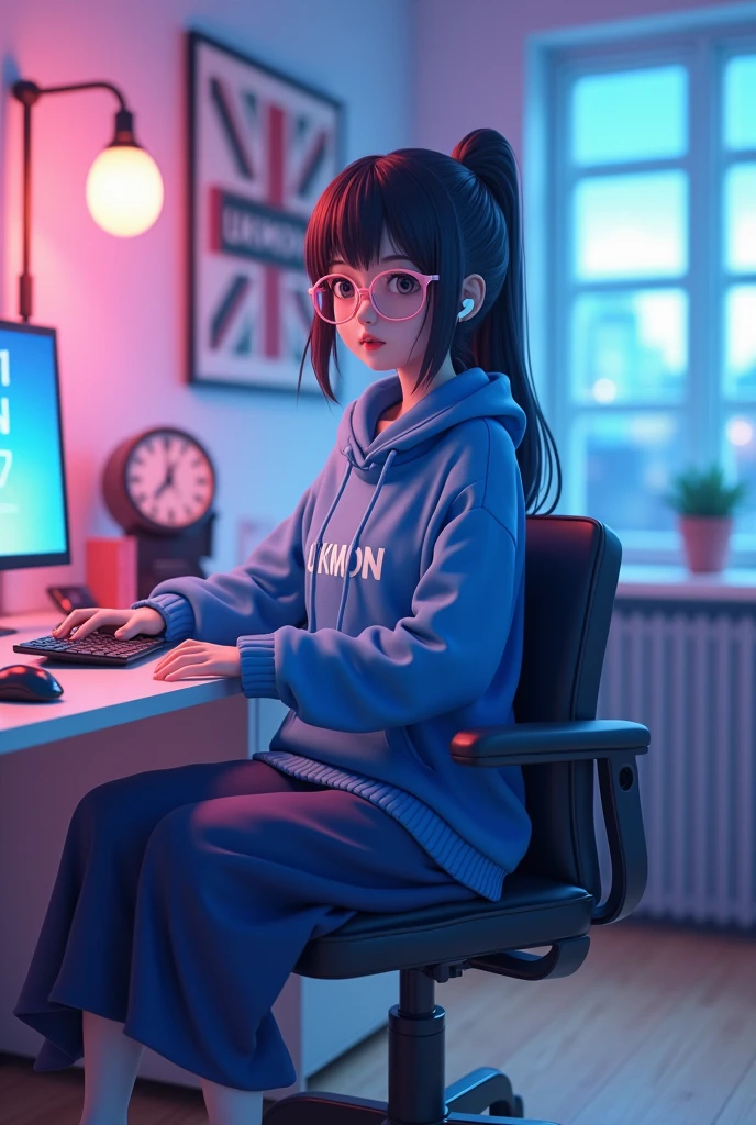 create a 3d Anime character and she was sitting straight on the chair with table her room was UK theme studio with london bridge and famous UKMON frame on wall frame and she have a earbuds wear a blue hoodie  with long skirt UKMON written on it with pink eye glass ang long tied bun hair and her position was straight and background light was blue and pink and aspect ratio is 16:9 for Youtube
