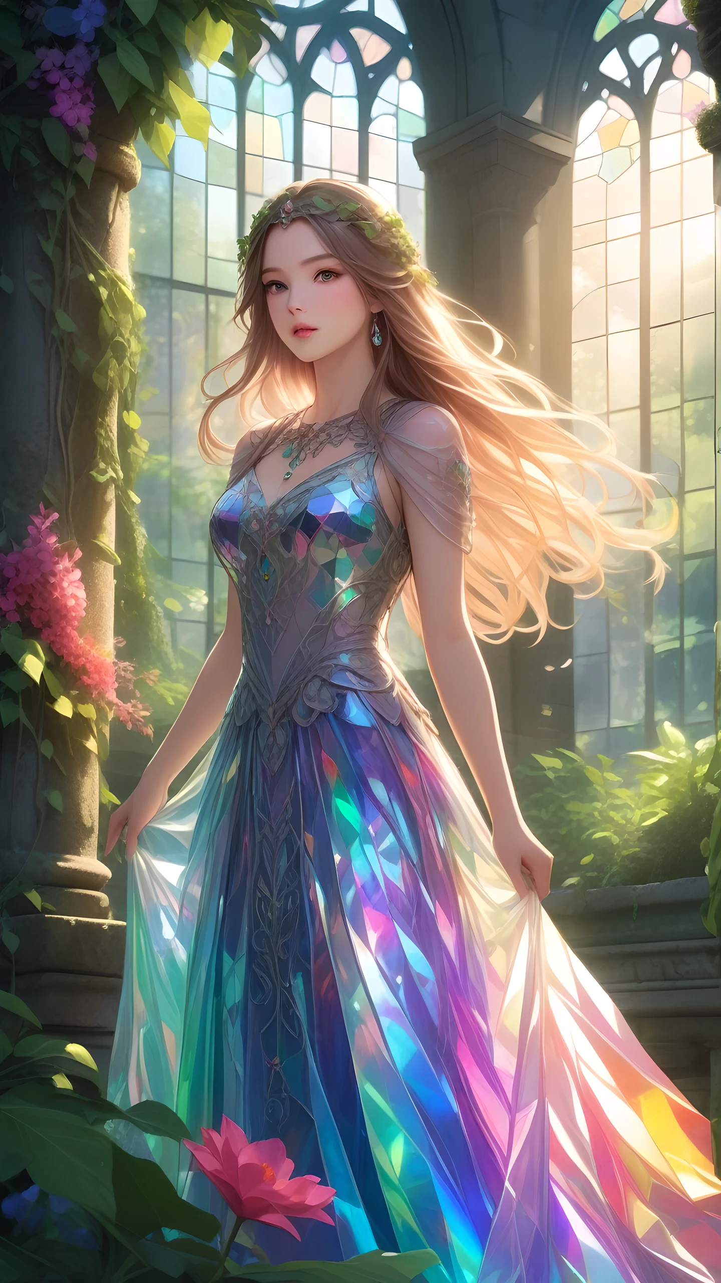 1girl solo, detailed beautiful face, detailed eyes, detailed lips, long flowing hair, serene expression, ornate fantasy dress, standing in a lush garden, ancient stone ruins, sunlight filtering through stained glass, dramatic lighting, ethereal atmosphere, intricate floral patterns, overgrown vines,cinematic composition,breathtaking landscape,dramatic colors,vibrant jewel-toned palette, transparent color PVC clothing, transparent color vinyl clothing, prismatic, holographic, chromati caberration