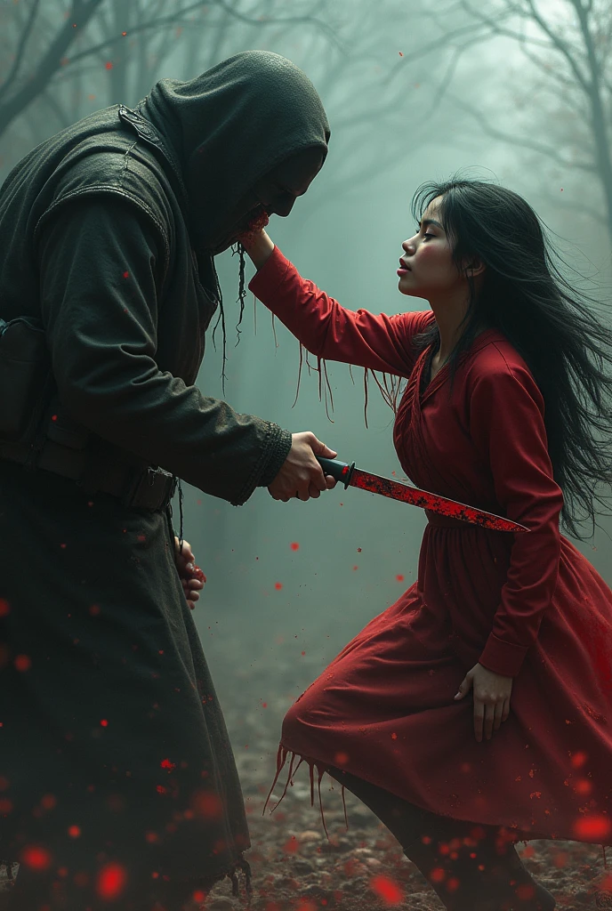 Indonesia A beautiful girls knife, cut throat A boy mask ghost combat soldier neck bloody splash, full body, wide open throat, throat contents