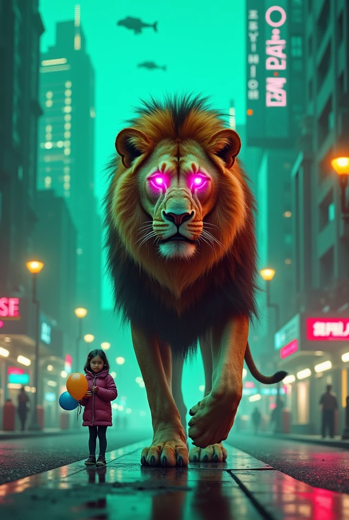 realistic photo of an lion in cyber city with pink eyes and green street with a girl holding a baby