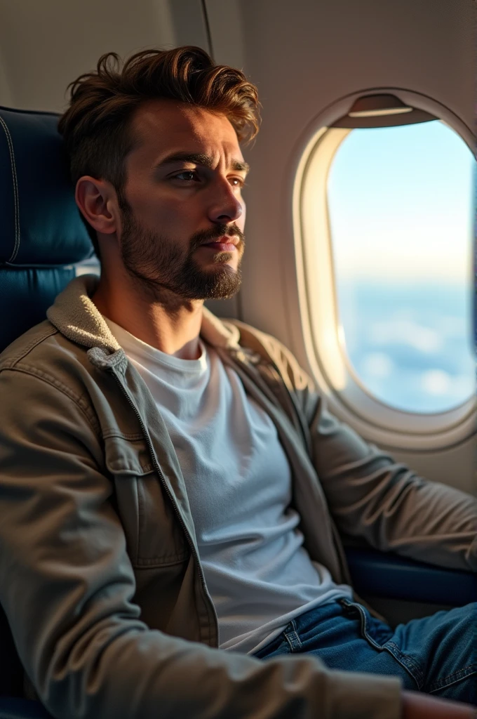A young guy sitting in window seat in airplane in casual clothes closeup picture