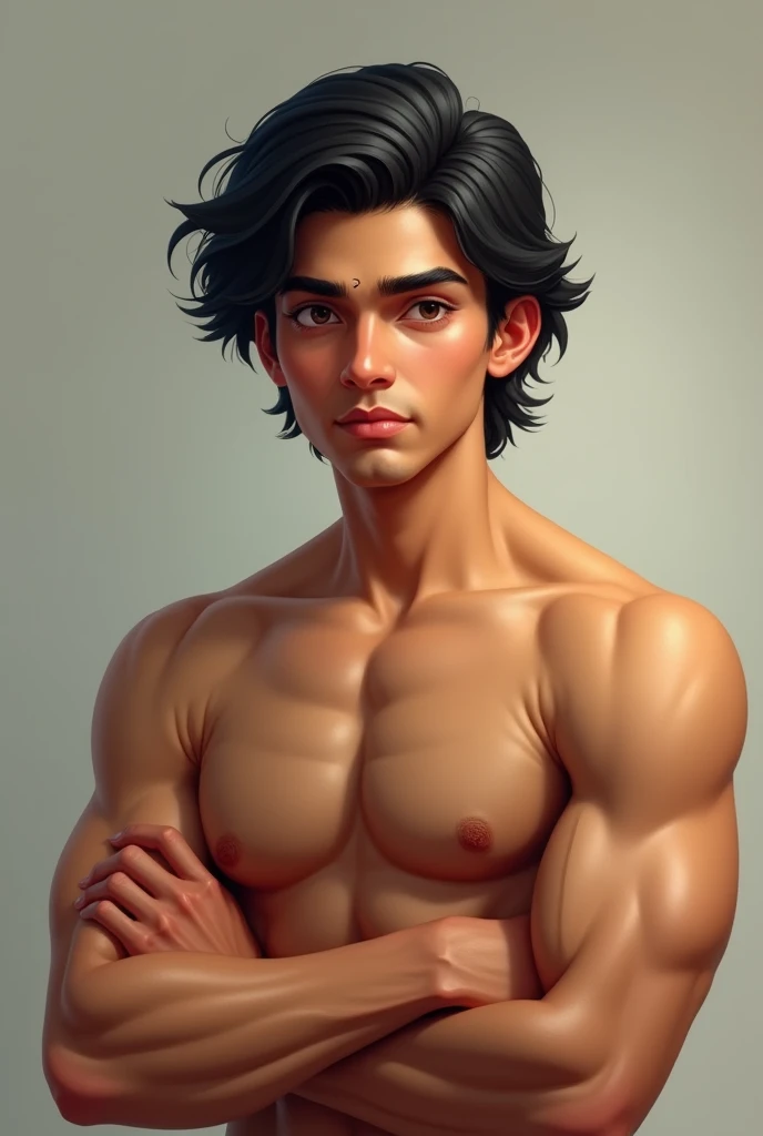 Young man, between 18 and 20 years old, with a goatee, athletic body, black hair, full body