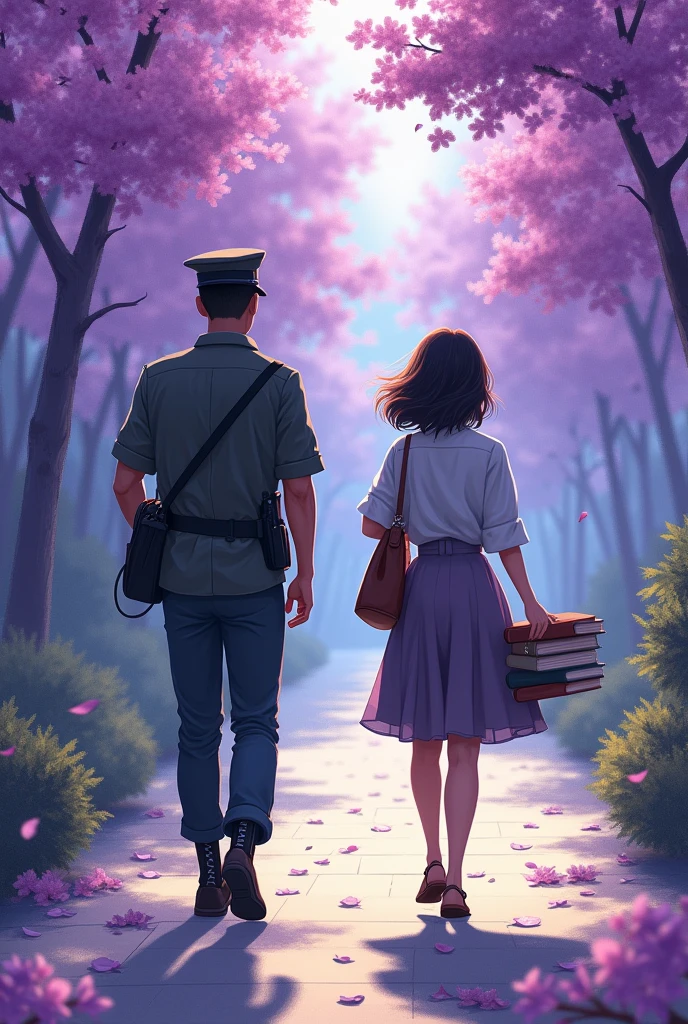 Make a cover page for a story book with the name "  the one i unfortunately met" and add a photo of a girl who is holding books in her hands moving in the right direction  and a young military man walking in left direction like crossing each other and in background make a purple colour flower like it is bloomed