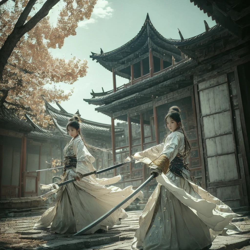 (dramatic, gritty, intense:1.4),A young Chinese woman with long hair is depicted wearing traditional East Asian warrior armor in black, white, and gold. She is engaged in combat, wielding an ancient Chinese broadsword. Her body is surrounded by a shimmering silver aura that radiates outward.
The dark background features elements of ancient East Asian architecture, such as tiled roofs and wooden columns. The outdoor scene includes natural elements like bamboo trees or shrubs. The lighting suggests an early morning or late afternoon, creating a serene yet mysterious atmosphere. Scattered leaves add to the sense of movement and tranquility.
