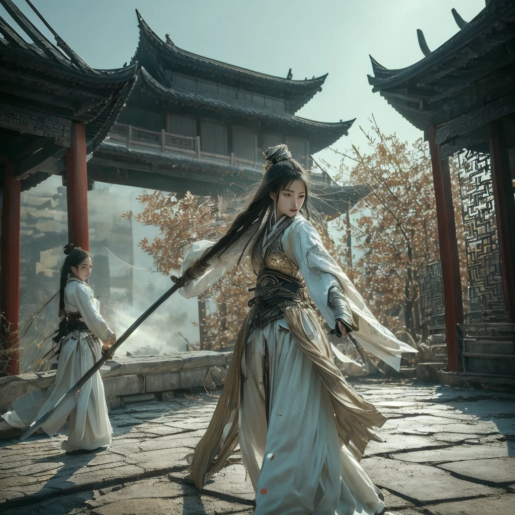 (dramatic, gritty, intense:1.4),A young Chinese woman with long hair is depicted wearing traditional East Asian warrior armor in black, white, and gold. She is engaged in combat, wielding an ancient Chinese broadsword. Her body is surrounded by a shimmering silver aura that radiates outward.
The dark background features elements of ancient East Asian architecture, such as tiled roofs and wooden columns. The outdoor scene includes natural elements like bamboo trees or shrubs. The lighting suggests an early morning or late afternoon, creating a serene yet mysterious atmosphere. Scattered leaves add to the sense of movement and tranquility.