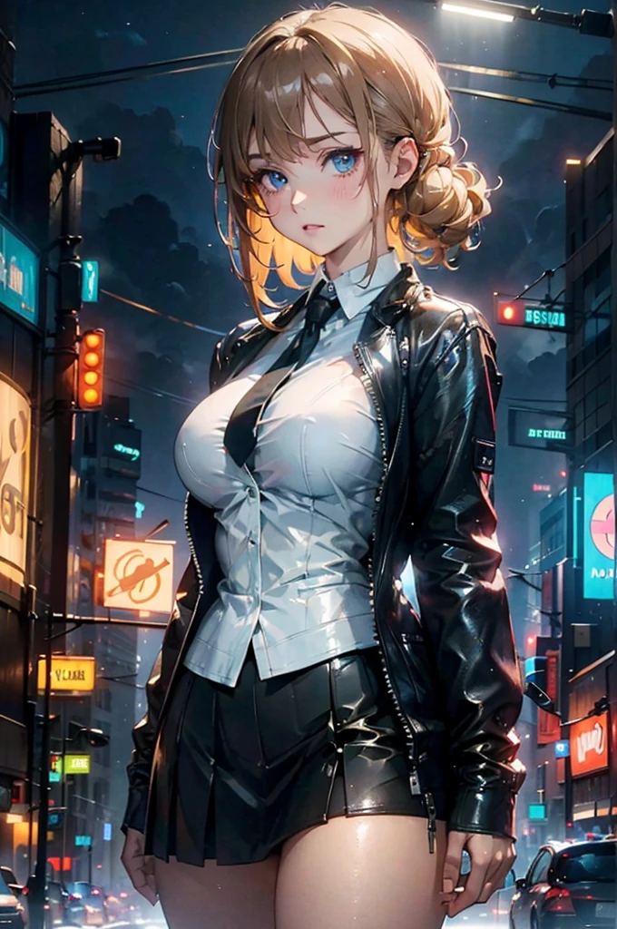 (masterpiece, best quality, ultra high resolution),1 girl, promote, dark brown skin, blue eyes, blonde hair, Big breasts, Thick thighs, Himekat, Black office jacket, White shirt, Black office skirt and black, Beautiful and detailed face, delicate eyes, Detailed nose, Cyberpunk city at night with fog and neon lights