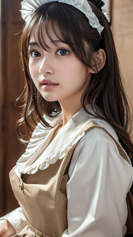 (8k, Photorealistic, RAW Photos, Best image quality: 1.4), Japanese girl、Super detailed face、Eye on the details、double eyelid、Sharp focus:1.2、Beautiful woman:1.4、Light brown hair、Highest quality、masterpiece、Ultra-high resolution、(Photorealistic:1.4)、Highly detailed and professionally lit smiles、(Maid clothes:1.5)、blush、Watery eye、amount、slouch、Cleavage、Small breasts、Messy Hair、amount