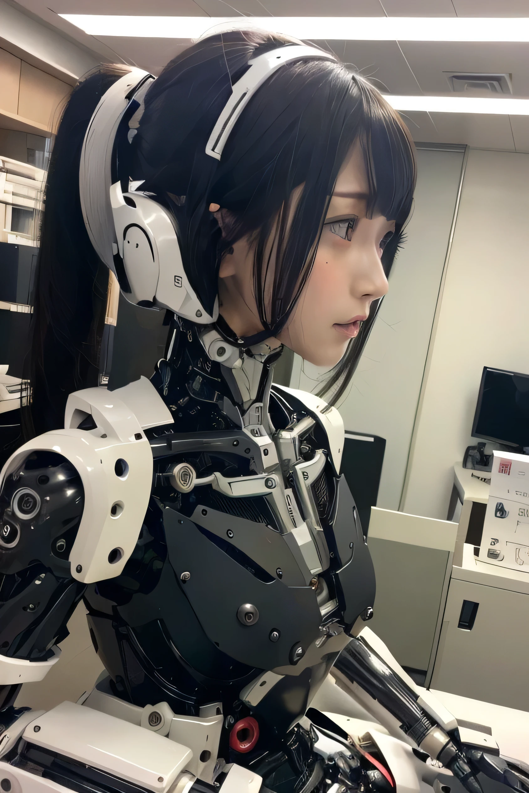 masterpiece, best quality, extremely detailed,  Japaese android girl,Plump , control panels,android,Droid,Mechanical Hand, Robot arms and legs, Black Robot Parts,Black hair,Mechanical body,Blunt bangs,White robotics parts,perfect robot girl,future information counter,reception,long tube,thick cable connected her neck,ceramic body ,mechanical body,mechanical costume,android,robot,humanoid,cyborg,information office,japanese android receptionist ,mechanical chest,blue eyes,office-lady