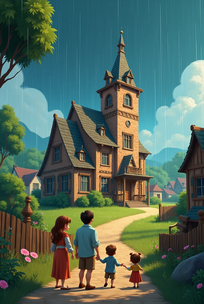 One small village in this village there is one big news paper house a family standing outside of his house and everyone see his news paper house in heavy rain
Cartoon ai animation image