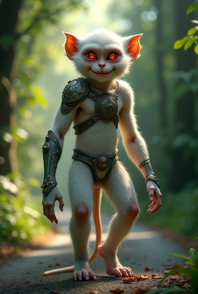 A humanoid monkey with light colored fur and bright red eyes wearing a light armor smiles and standing on a road of a forest