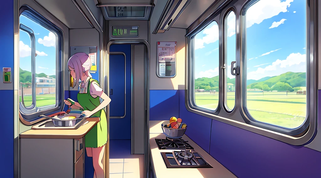 Cooking on the train　POP　pastel colour　Enjoy the scenery outside through the large windows　1 person