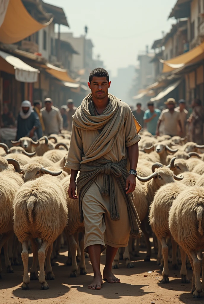 Ronaldo selling a herd of sheeps in native clothes as a poor person in a crowded marketplace
