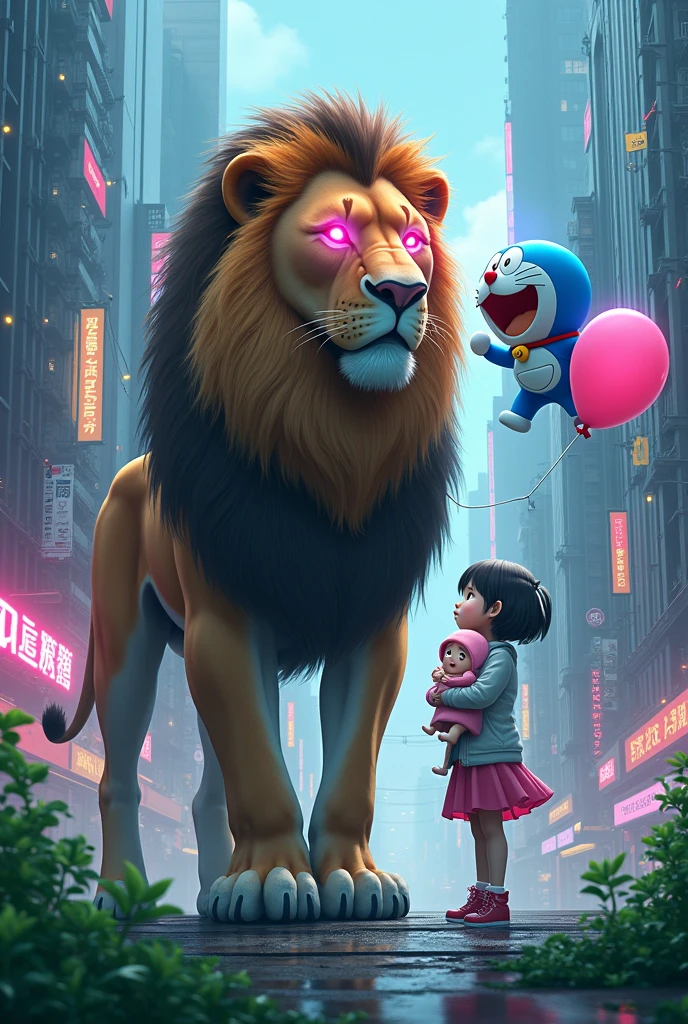 realistic photo of an lion and Doraemon
in cyber city with pink eyes and green street with a girl holding a baby and balloon