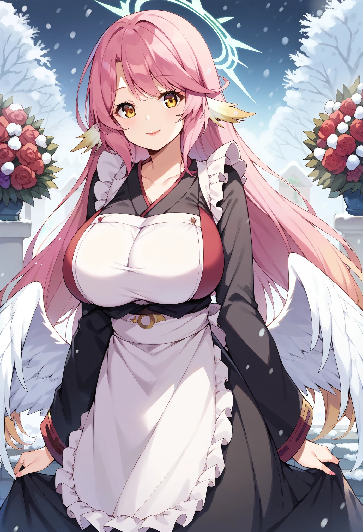 masterpiece, score_9, score_8_up, score_7_up, source_anime, extremely detailed, high quality, 1girl, solo, jibril, (huge breasts:1.1), ((((pink hair), long hair, yellow eyes, wing ears, large feathered wings, white wings, low wings, halo))), red lips, (((black kimono, white apron, frilled apron))), ((light smile), closed mouth), ((outdoor, garden, winter, snowing))