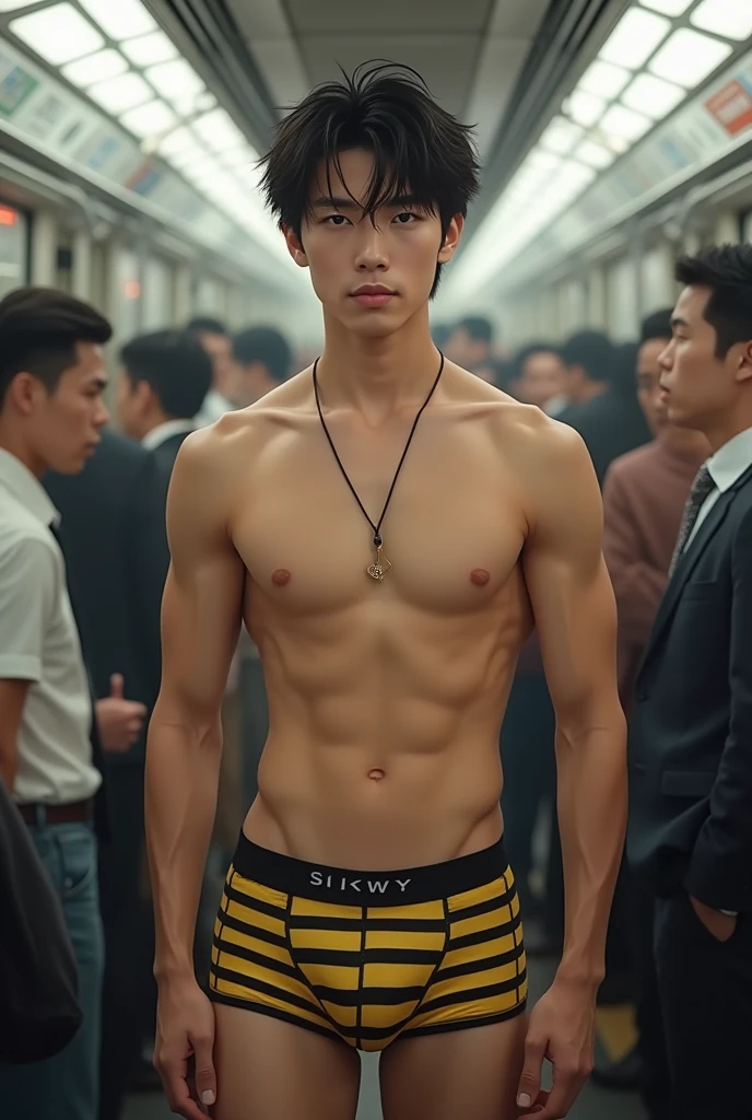 Real photo style、Realistic、Cute handsome man、Idol face、、Japanese、Slim body、Mash Hair、Completely naked、Full nudity、Six-pack、A crowded train、Yellow and black striped boxer briefs