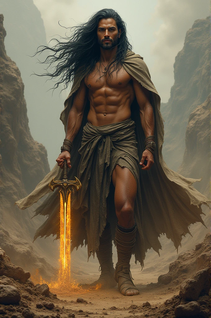 A man born from dirt, with a cloak.  He is brown and has long black hair and a beautiful body and a combination of dirt and a sword that causes a great earthquake and there is a line inside his sword that dirt passes through.