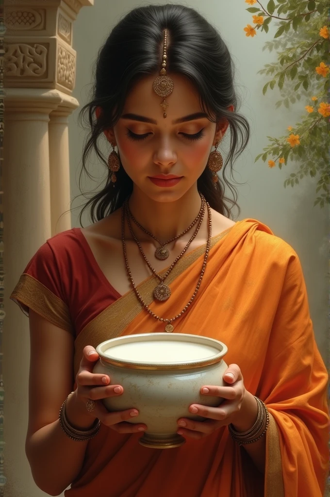 Gandhaari give milk in 100 soil pot with a glass