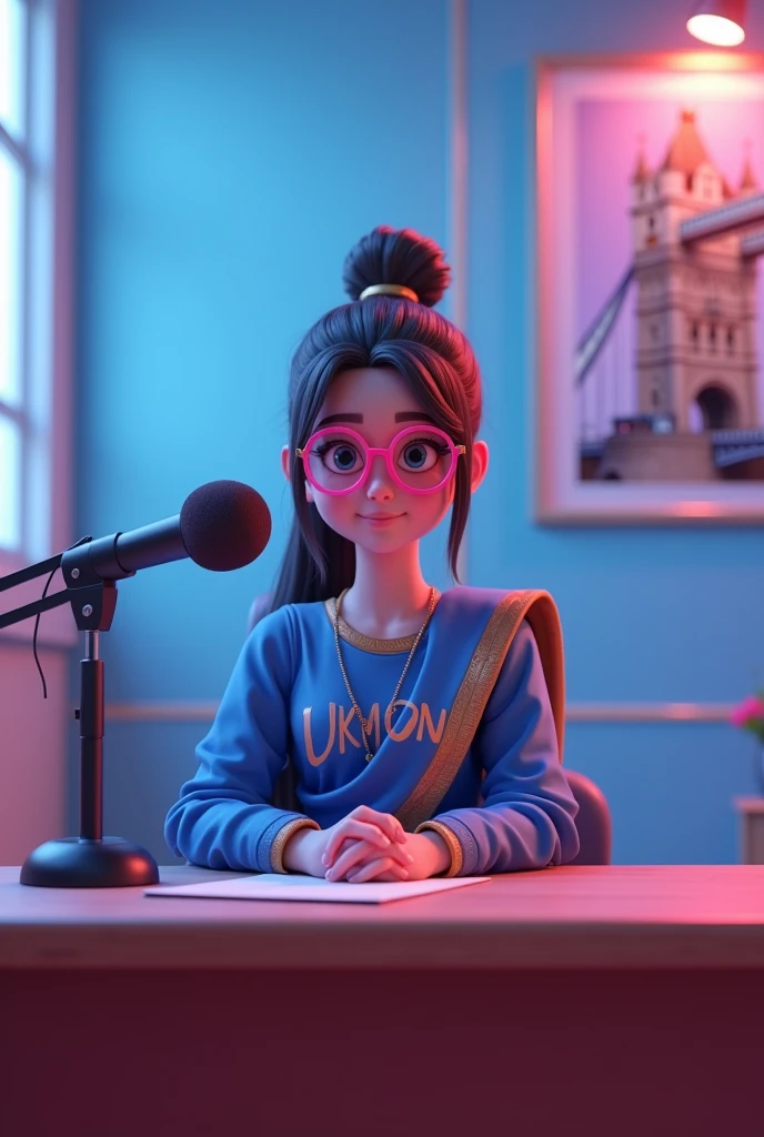 create a 3d Anime character and she was sitting straight on the chair with table her room was UK theme studio with london bridge and famous UKMON frame on wall frame and she have a mic on table and she is wear a boue indian dress with dupatta and UKMON is written on it with pink eye glass ang long tied bun hair and her position was straight and background light was blue and pink and aspect ratio is 16:9 for Youtube