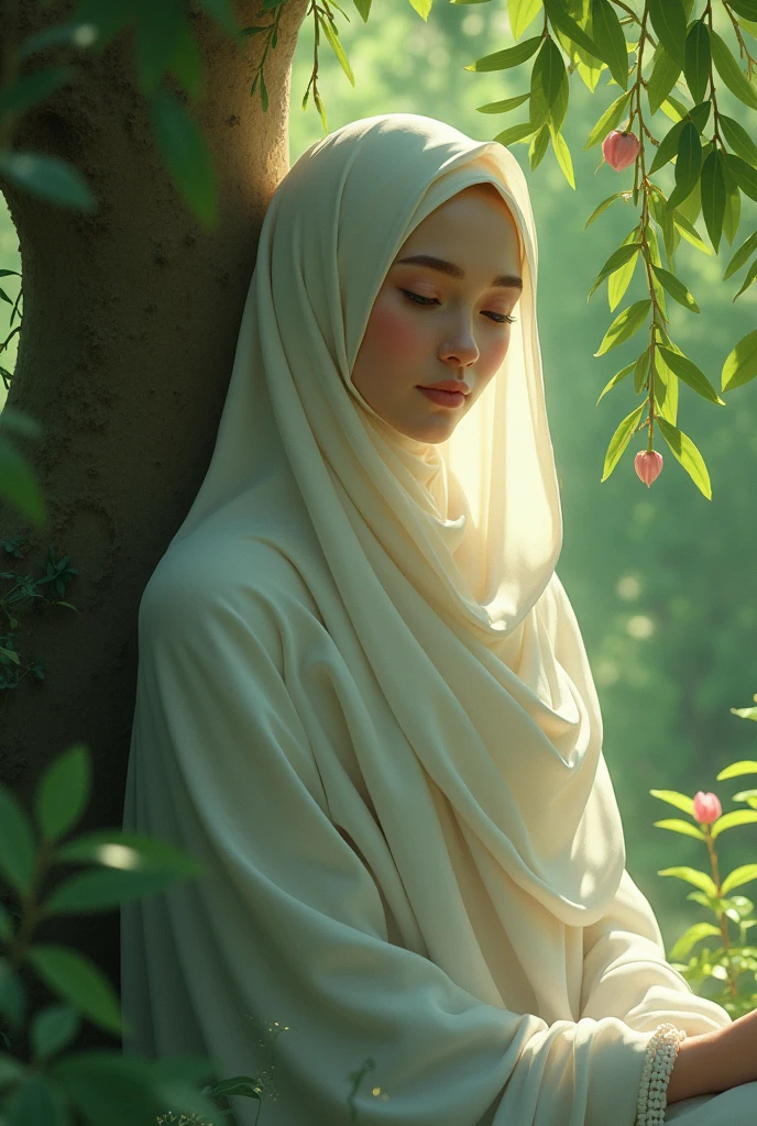 A female tree spirit with full hijab and she has light brown skin and she is leaning on her willow tree and she had a soft green aura around her and the other spirirts are there